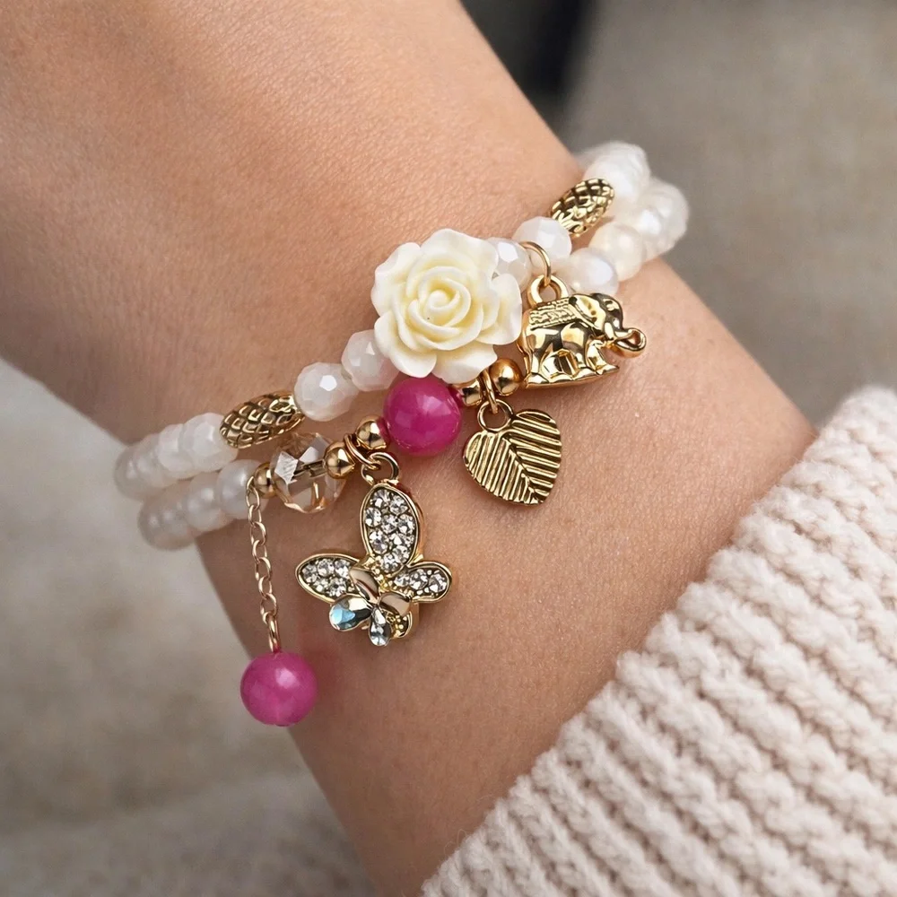 Elegant Gold White Pink Charm Stretch Bracelet Butterfly Heart Flower Elephant